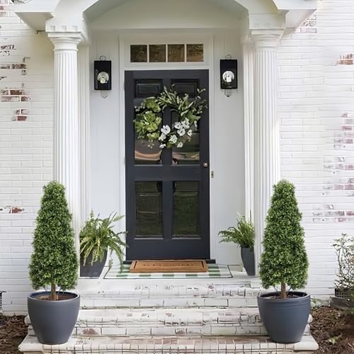 3ft Topiary Trees Artificial Topiaries Boxwood Trees Outdoor Faux Shrub 2 Packs with Black Pot, Fake Bushes Potted Green Plants Decorative Indoor Porch or Garden（35inch）