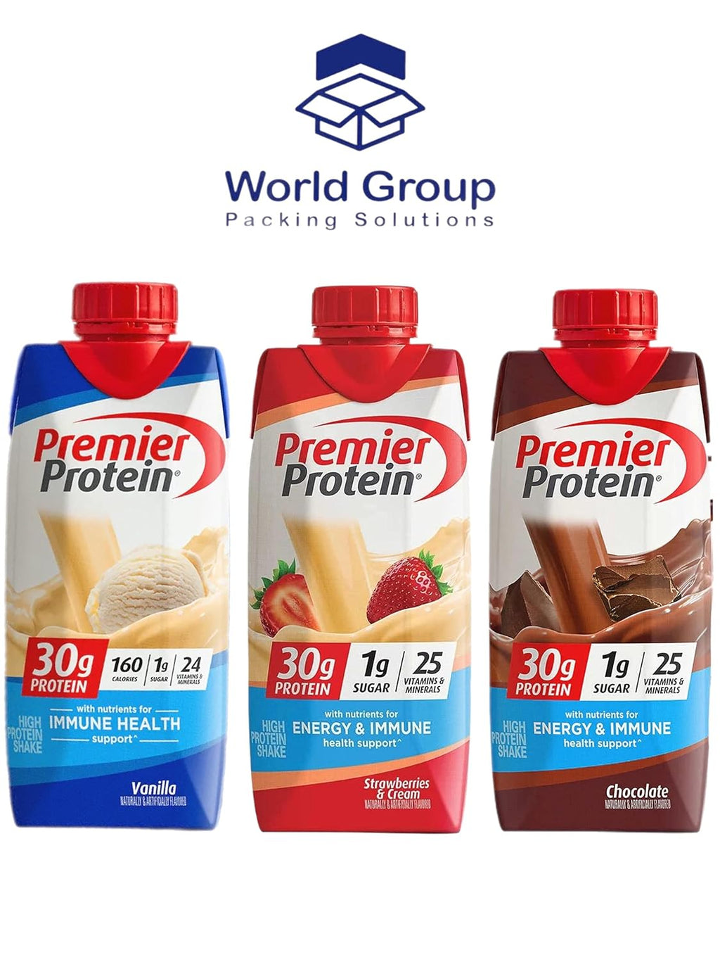 Premier Protein High Protein Shake, Strawberry Cream, Chocolate, and Vanilla Variety (11 Fl oz. 12pk) World Group Packing Solutions, Total:132.0 Fl Oz