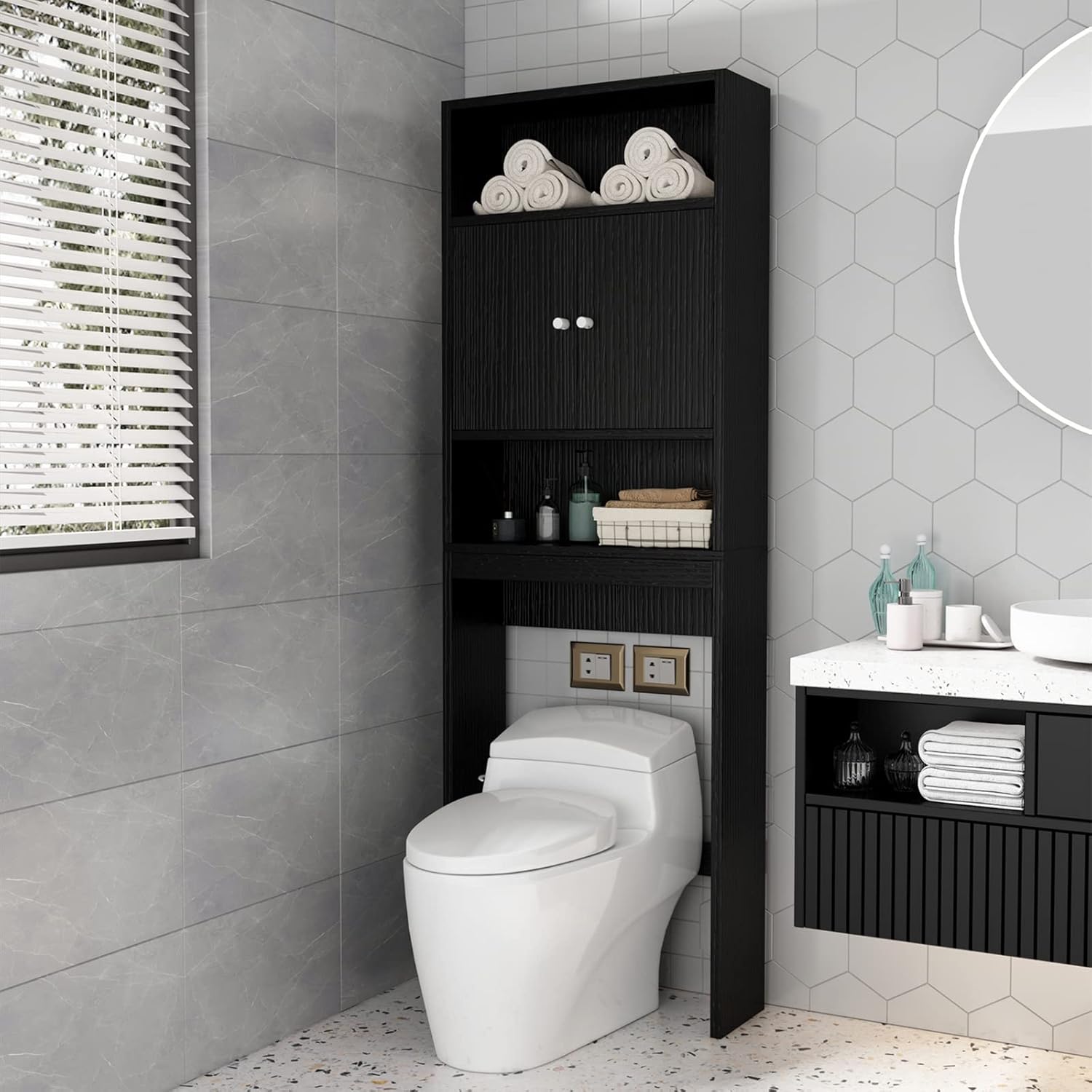 ME2 Bathroom Over The Toilet Storage Cabinet, 77'' Taller Bathroom Organizer Shelf Space-Saving Collect Cabinet with Shelves and Double Doors, Black