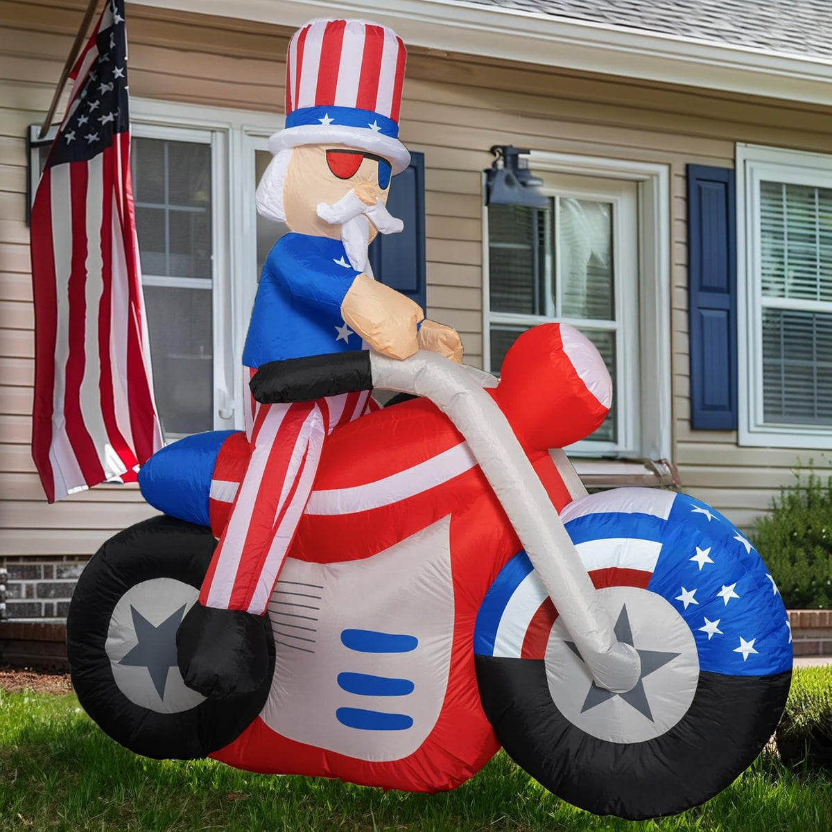 Dazzle Bright 4th of July Inflatable Decorations, 6FT Uncle Sam on Motorcycle Pre-Lit LED Independence Day Decor, Blow Up Patriotic Memorial Day Decorations for Indoor Outdoor Lawn Yard Garden