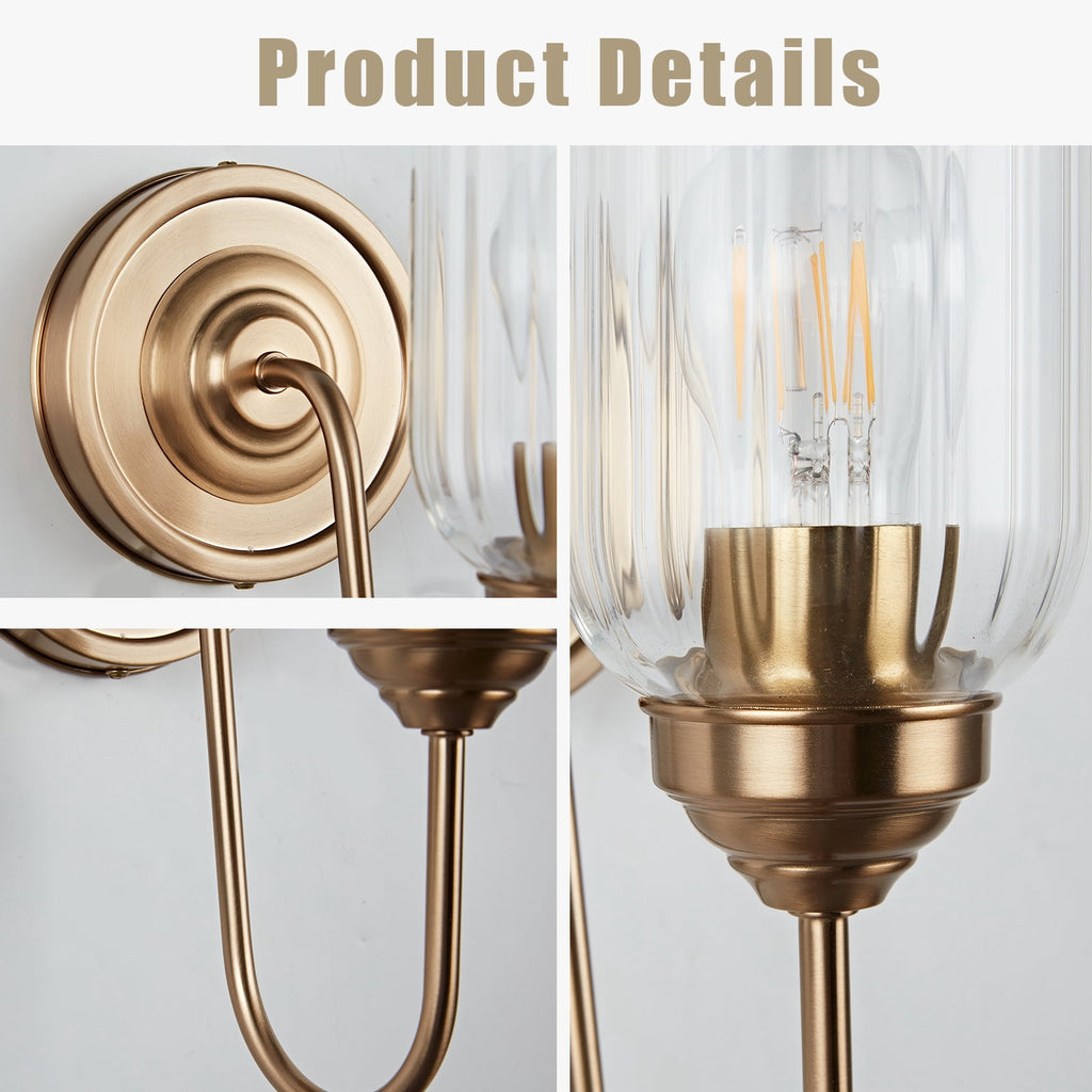 Mid Century Bathroom Vanity Wall Light Fixtures, Brass Wall Lamp with Glass Shade for Bedroom Mirror Living Room Kitchen