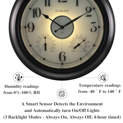Illuminated Outdoor Clocks Waterproof 18 inch with Smart Sensor,Large Outdoor Clock with Thermometer & Hygrometer for Garden Patio Pool,Oil Rubbed Bronze Black,Unique Housewarming Gifts