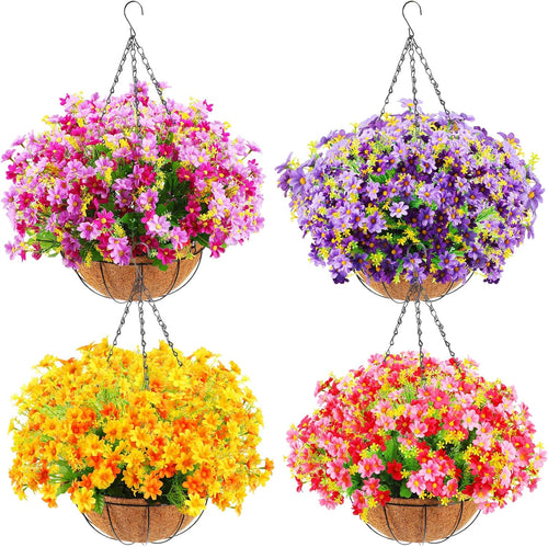 4 Pack Artificial Hanging Flowers in Basket Artificial Daisy Arrangement with 12 Inch Coconut Lining Realistic Artificial Hanging Plants for Outdoor Indoor Patio Lawn Garden Porch Decor