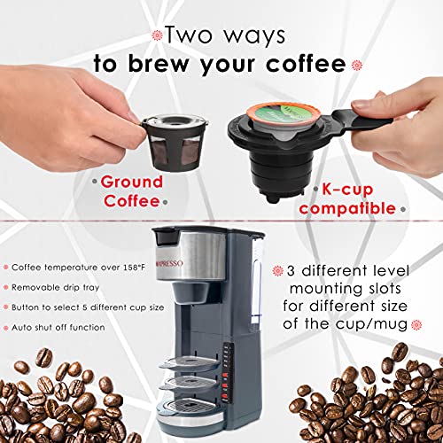 Mixpresso Single Serve Coffee Brewer K-Cup Pods Compatible & Ground Coffee, 30 oz Compact Coffee Maker Single Serve With 5 Brew Sizes Up To 14 Oz, Fits Travel Mug, Adjustable Drip Tray, Black