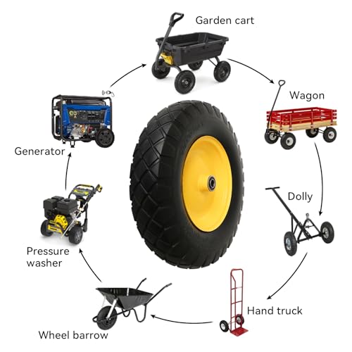 4.80/4.00-8" Tire and Wheel Assembly Set for Wheelbarrows, 5/8" or 3/4" Bore Wheelbarrow Tires for Utility Cart, Wheel Barrel, Wagon, Trailer, Dolly, 16" Solid Rubber Tires Without Flat Spots, 1 Pack