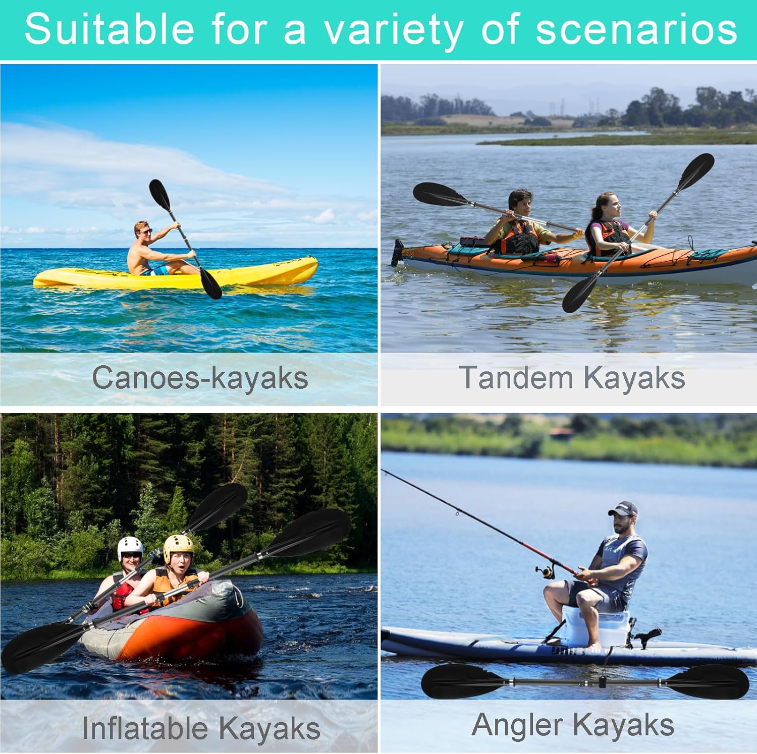Kayak Paddle, Telescoping Canoe Paddle Boat Oars with Kayak Paddles Leash Stainless Steel Tube Comfort Grips Black(94inch)