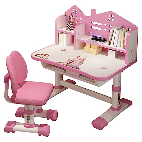 Kids Study Desk and Chair Set Children Desk, Height Adjustable Children's Desk and Chair School Study Table Chair with Drawer Shelf Desk for Bedroom Classroom with Cartoon Pattern (Pink)