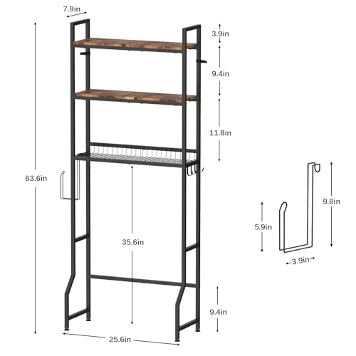 Over The Toilet Storage, Over Toilet Bathroom Organizer 3 Tier, above Toilet Storage Rack for Bathroom Freestanding Bathroom Space Saver with Metal Frame and 4 Hooks for Laundry, Brown