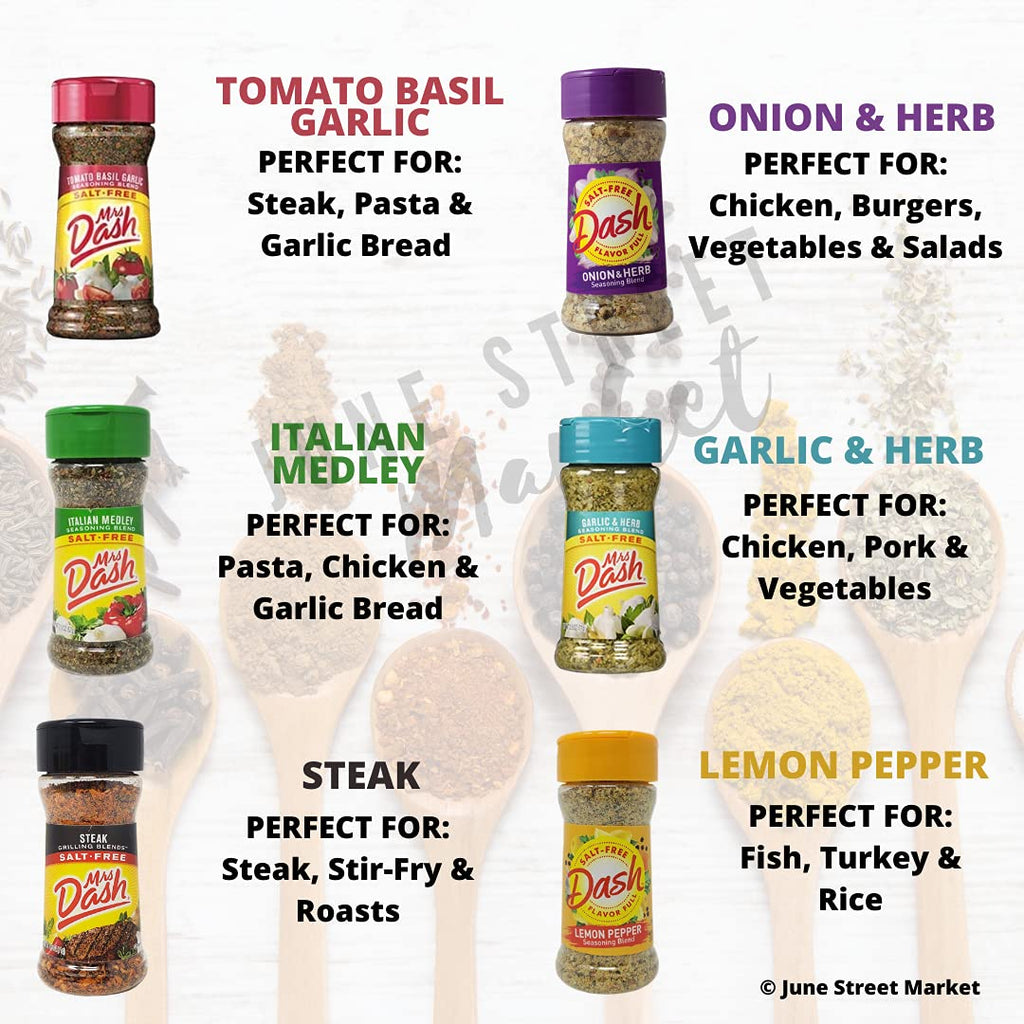Mrs. Dash Salt Free Seasoning Blends Variety Bundle Pack - 12 Flavor Variety With June Street Market Blank Recipe Card