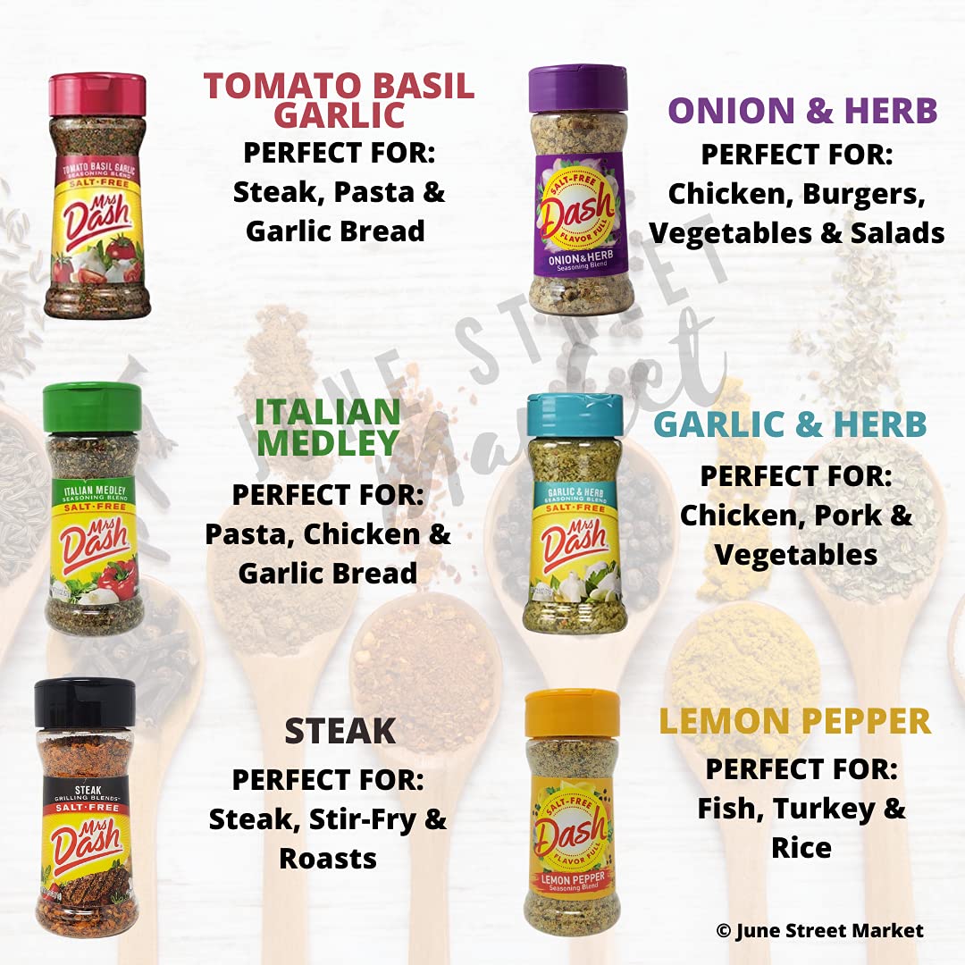 Mrs. Dash Salt Free Seasoning Blends Variety Bundle Pack - 12 Flavor Variety With June Street Market Blank Recipe Card