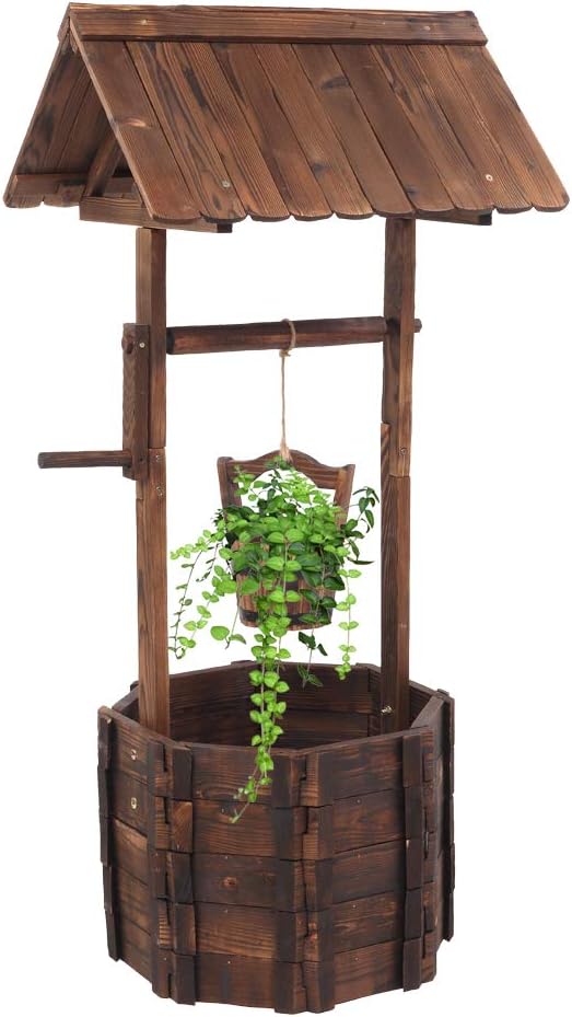 Wooden Wishing Well Planter, Outdoor Reinforced and Anticorrosive Wooden Wishing Well Flowerpot with Hanging Bucket