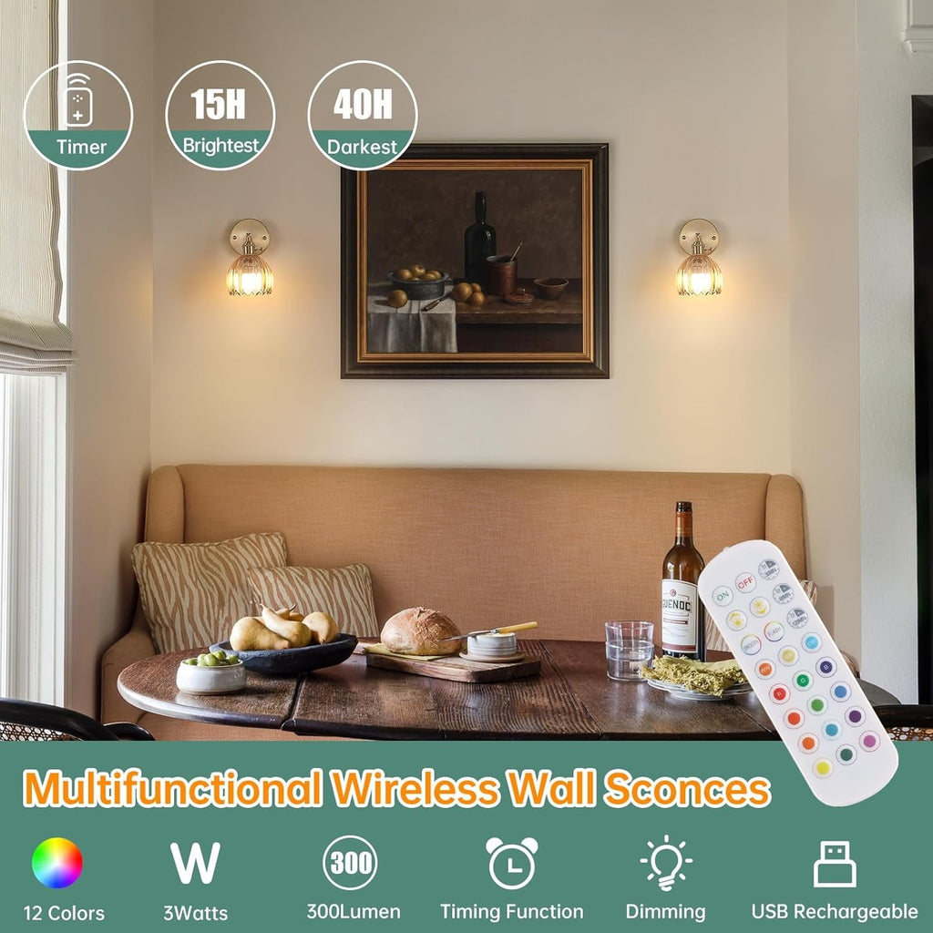 Vintage Battery Operated Wall Sconce with Cute Amber Tulip Glass Lampshade Wireless Rechargeable Battery Powered Wall Light with Remote Control for Bedside Bedroom Doorway, Set of 2