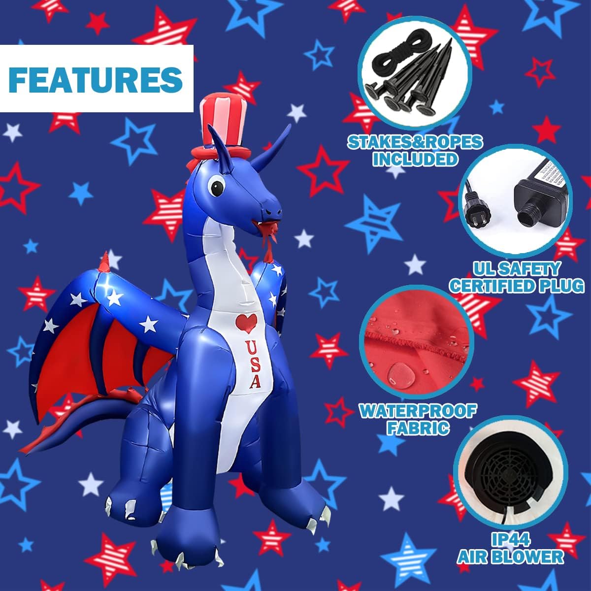 BLOWOUT FUN 8 FT Independence Day Inflatable Dragon with America Style Decorations Patriotic 4th of July for Home Yard Lawn Garden Indoor Outdoor Memorial Day Decorat