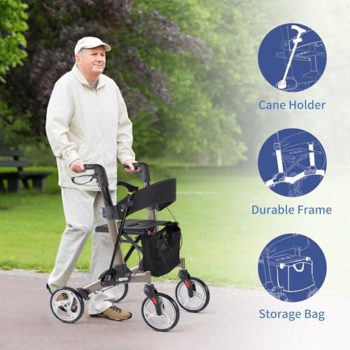 Rollator Walker for Seniors,Foldable All Terrain Rolling Walkers with Cane Holder,Aluminum Walkers with 8 inch Rubber Wheels for Seniors (Rolling Walker)