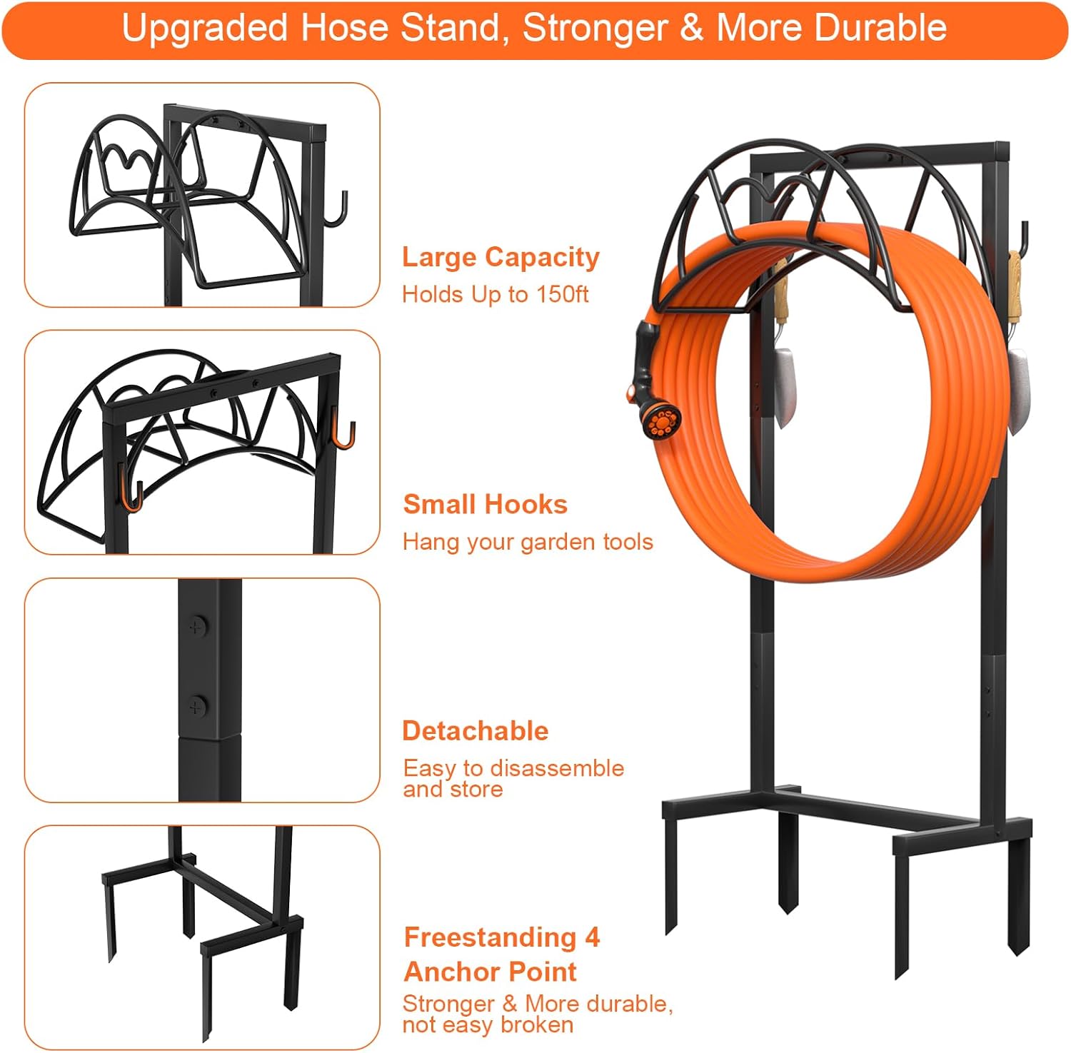 Garden Hose Holder, Freestanding Heavy Duty Water Hose Holder for Outside, Upgraded Metal Hose Stand with 4 Spikes, Detachable Garden Hose Storage Hose Reel Rack, Black