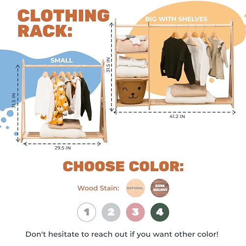 Montessori Teepee Style Clothing Rack Furniture for Toddler Wood Kids Playroom Natural Wooden Nursery Baby Neutral Room Storage Clothes Shelf Kids Gift 2nd 3rd Birthday (Small, Dark Walnut)