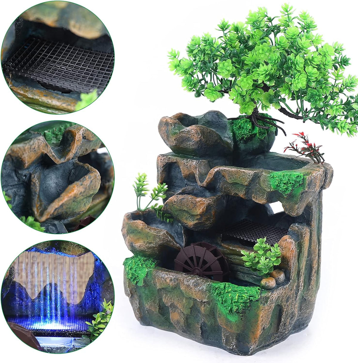 Water Fountain Rockery Ornaments with Waterfall & LED Colorful Lights Mini Desktop Waterfall Small Rockery for Office, Home, Bedroom Desk Decoration