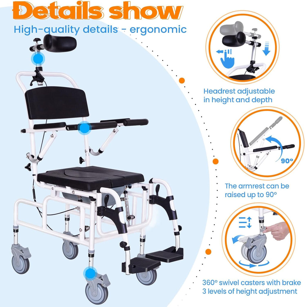 Upgrade Cushion-Juiwere Shower Chair with Arms and Back,Reclining Shower Chair with Wheels,Tilt 45° Shower Wheelchair with Headrest,Medical Shower Chairs for Adults