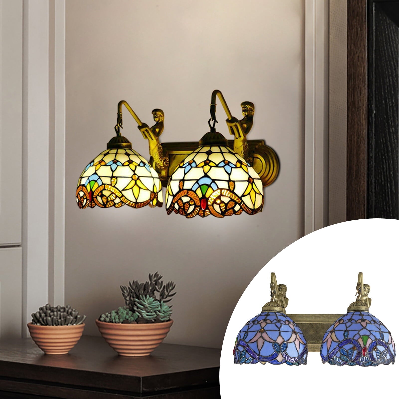 Retro Gold Stained Glass Wall Sconce 2 Lights Tiffany Mermaid Vanity Fixture Wall Light for Front Doors