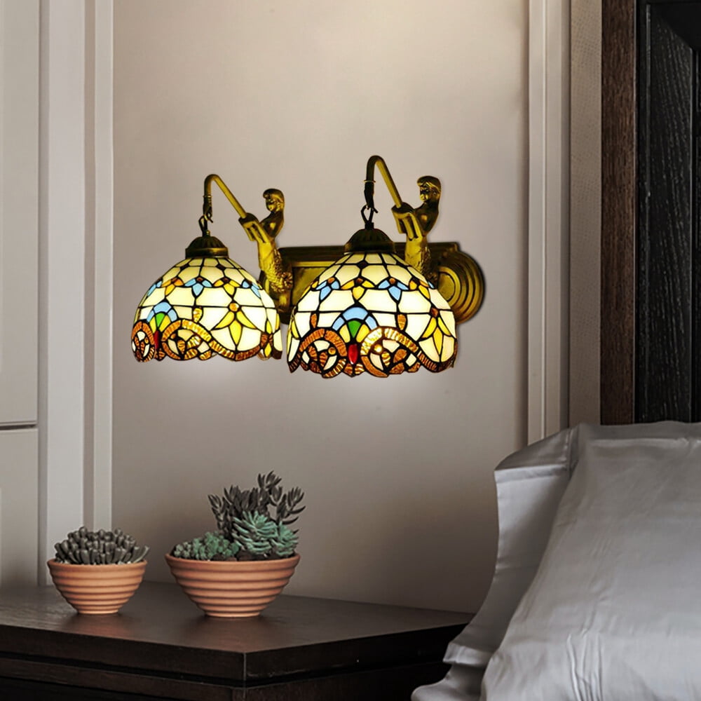 Retro Gold Stained Glass Wall Sconce 2 Lights Tiffany Mermaid Vanity Fixture Wall Light for Front Doors