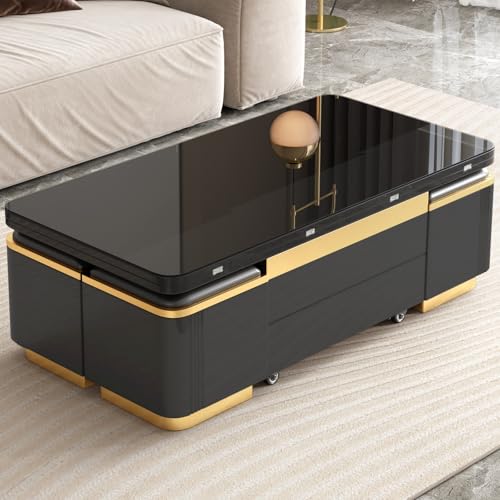 3-in-1 Multi-Functional Coffee Table with Glass Tabletop, Lift Top Center Table with 4 Storage Stools, Expandable Dining Table for Living Room, Office Table with Hidden Storage Compartment