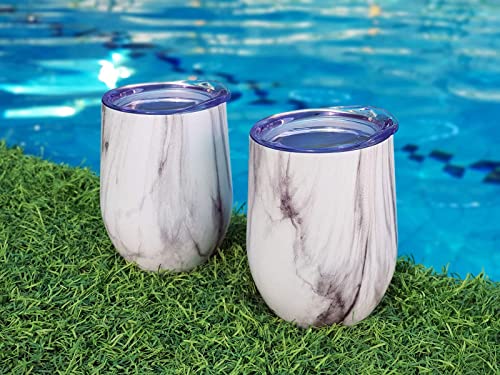 CHILLOUT LIFE Stainless Steel Wine Tumblers 4 Pack 12 oz - Double Wall Vacuum Insulated Wine Cups with Lids and Straws Set for Coffee, Wine, Cocktails - Carrara Marble