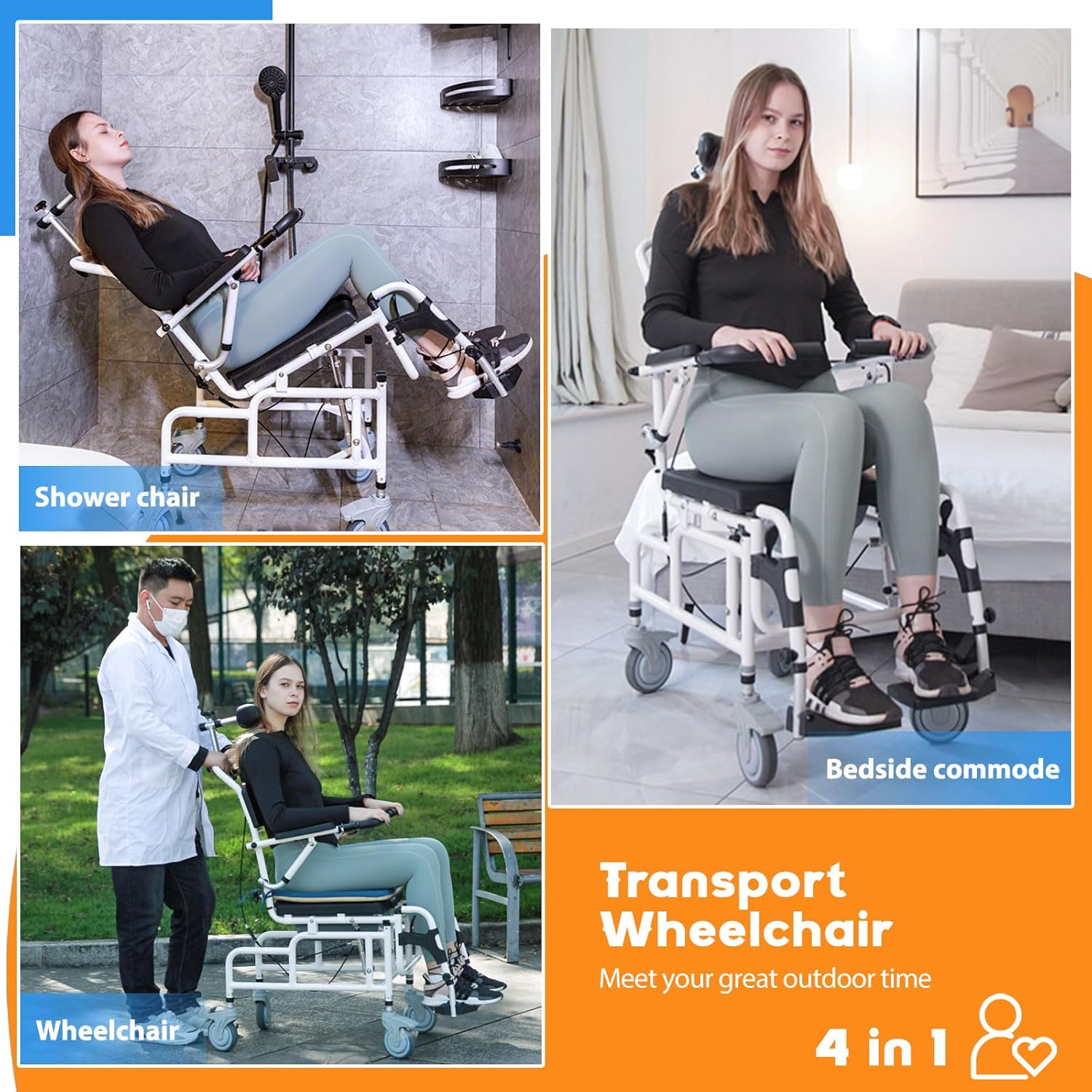 Upgrade Cushion-Juiwere Shower Chair with Arms and Back,Reclining Shower Chair with Wheels,Tilt 45° Shower Wheelchair with Headrest,Medical Shower Chairs for Adults