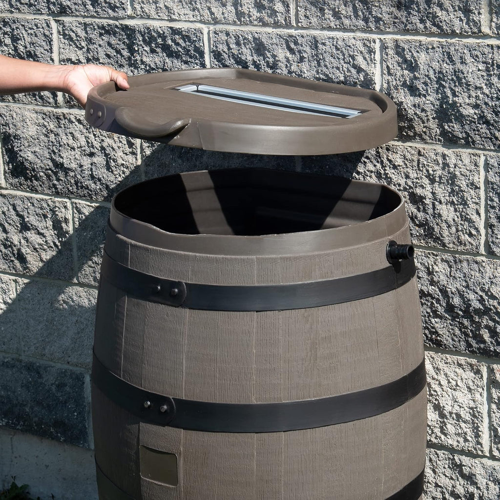 RTS Home Accents Polyethylene Premium Flat Back Rain Barrel with Removable Lid, 55 Gallon, Woodgrain with Black Stripes