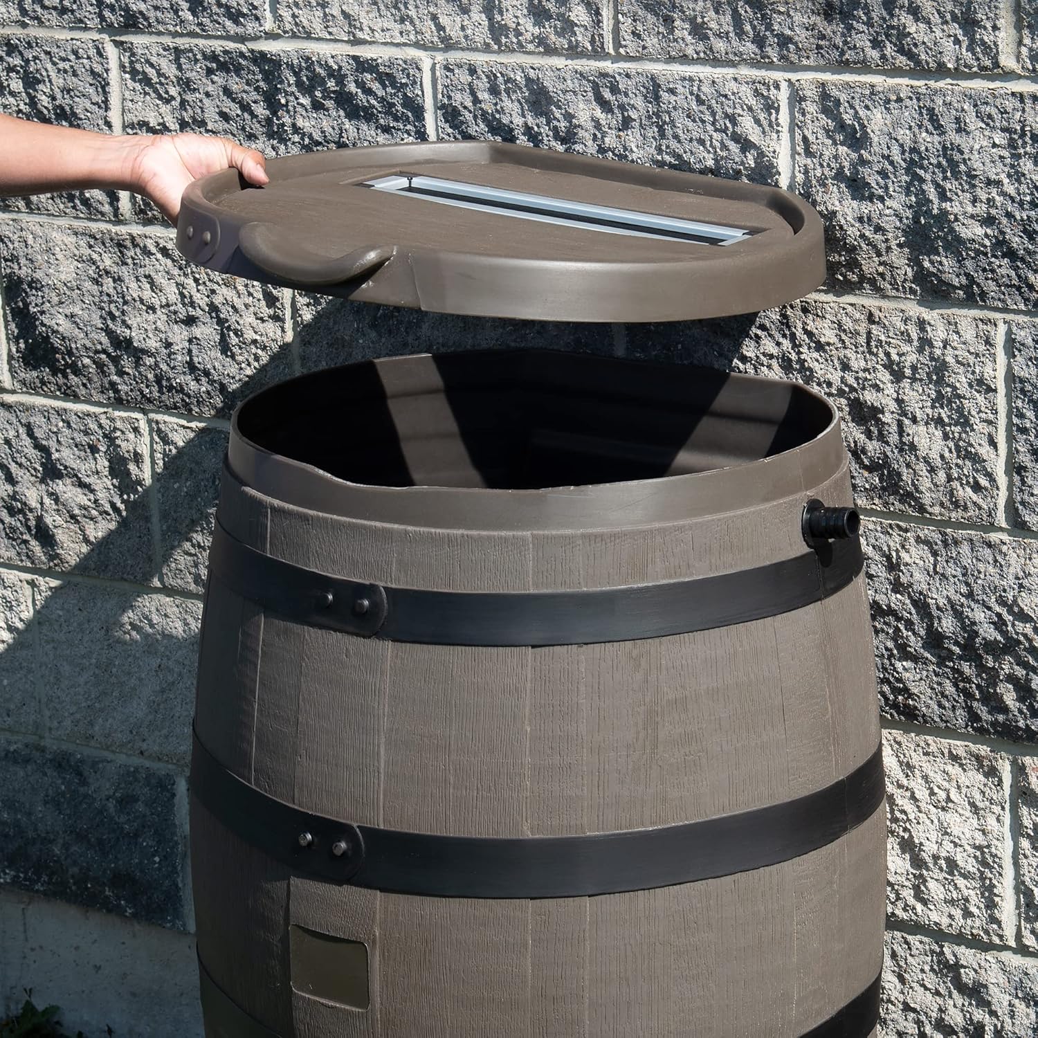RTS Home Accents Polyethylene Premium Flat Back Rain Barrel with Removable Lid, 55 Gallon, Woodgrain with Black Stripes