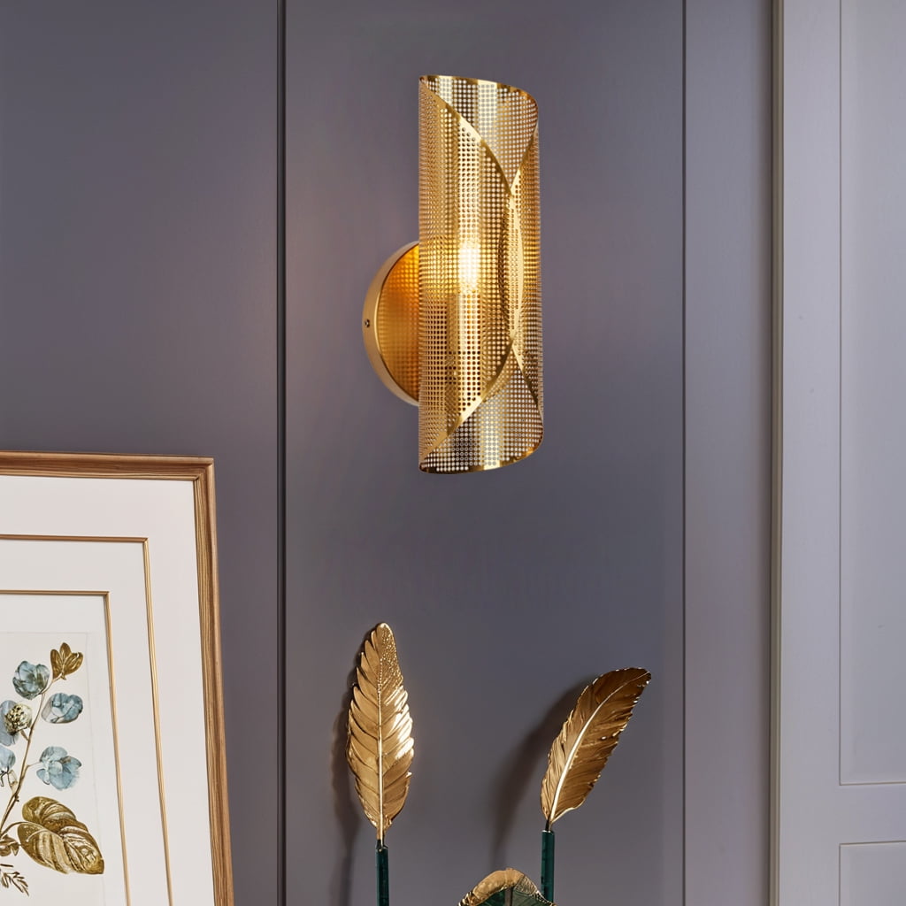 Modern Curved Elegance Rounded Perforated Metal Canopy Sconce,Wall Lights for Living Room,Outdoor Wall Lam,Kitchen Wall Sconce,Gold Sconces Bathroom,Bedroom Wall Light Sconces (1-Light)