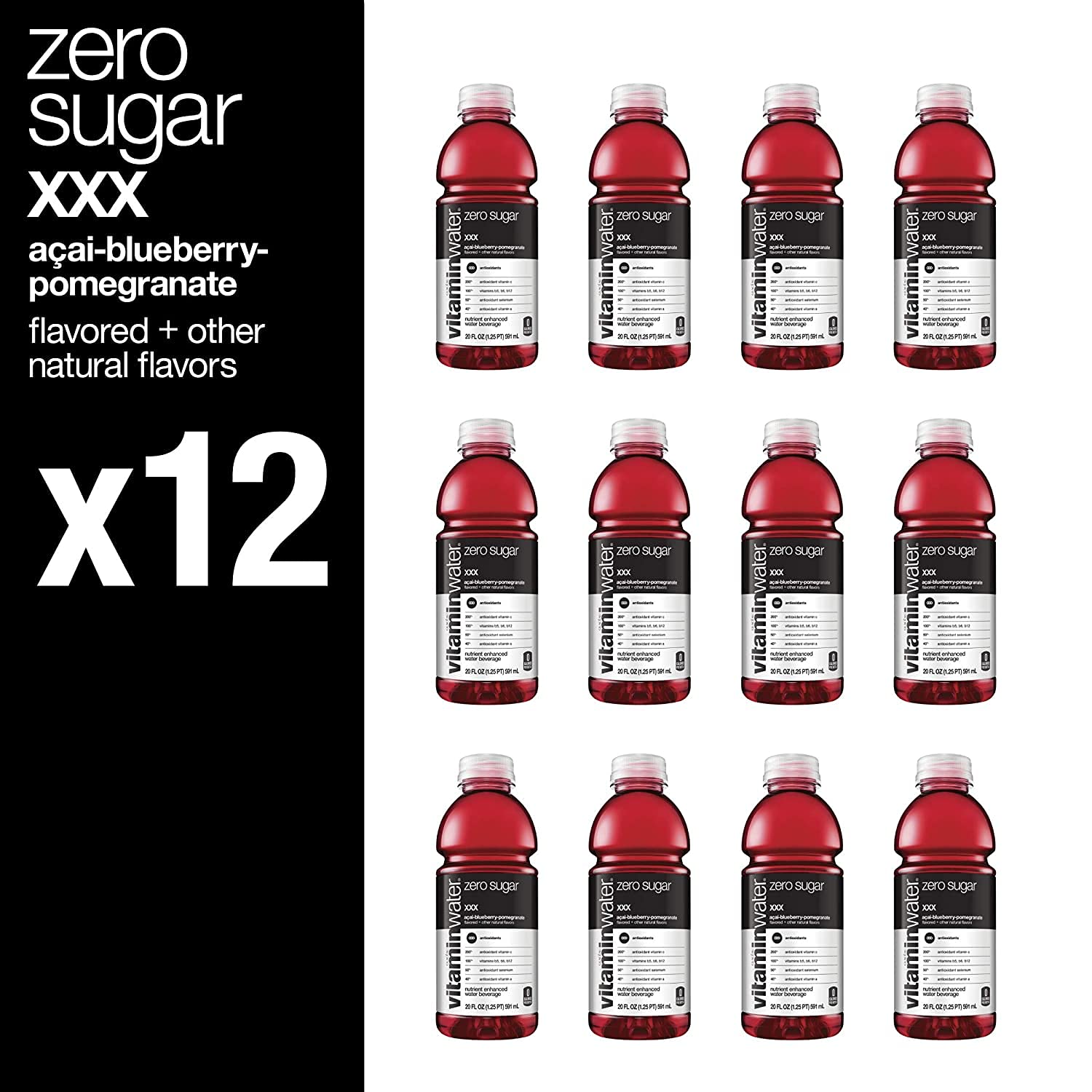 Vitamin Water ZERO Sugar - XXX Acai-Blueberry-Pomegranate | 20 Fl Oz Bottles, Nutrient Enhanced Flavored Water w/ Vitamins, Antioxidants, Electrolytes | Pack of 12