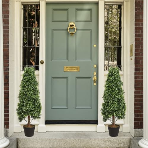3ft Topiary Trees Artificial Topiaries Boxwood Trees Outdoor Faux Shrub 2 Packs with Black Pot, Fake Bushes Potted Green Plants Decorative Indoor Porch or Garden（35inch）