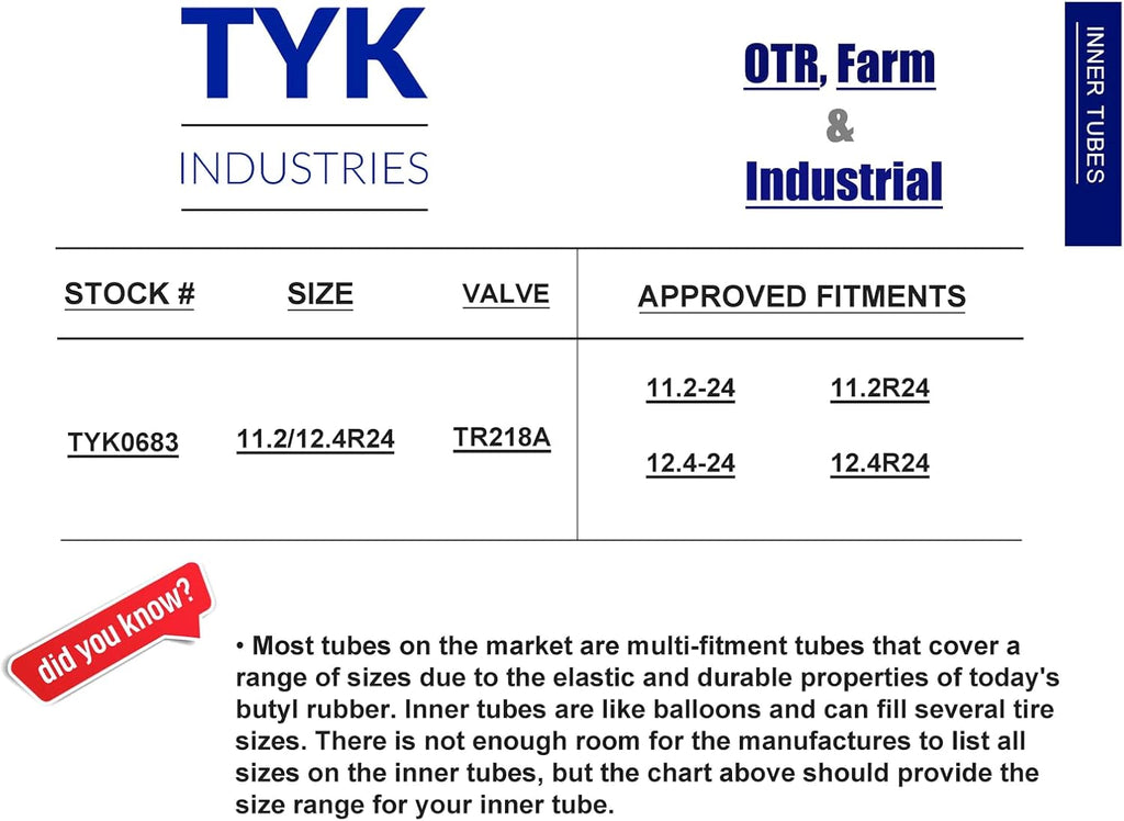 11.2/12.4R24, 11.2-24, 12.4-24 Tractor Tire Inner Tube with a TR218A Valve Stem for use in Radial or Bias Tires by TYK Industries