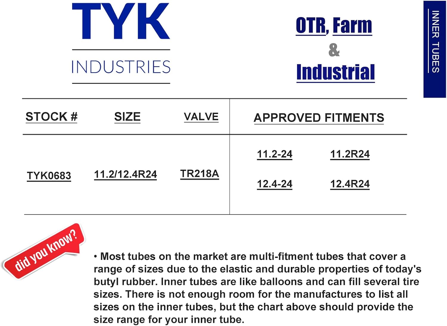 11.2/12.4R24, 11.2-24, 12.4-24 Tractor Tire Inner Tube with a TR218A Valve Stem for use in Radial or Bias Tires by TYK Industries