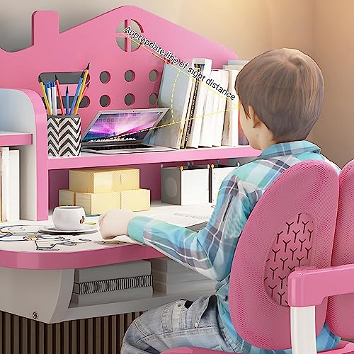 Kids Study Desk and Chair Set Children Desk, Height Adjustable Children's Desk and Chair School Study Table Chair with Drawer Shelf Desk for Bedroom Classroom with Cartoon Pattern (Pink)