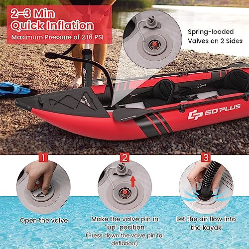 Goplus Inflatable Kayak, 2-person Kayak Set for Adults with 507 LBS Weight Capacity, 2 Aluminium Oars, EVA Padded Seat, 2 Fins, Hand Pump, Carry Bag, Repair Kit, Portable Touring Kayaks
