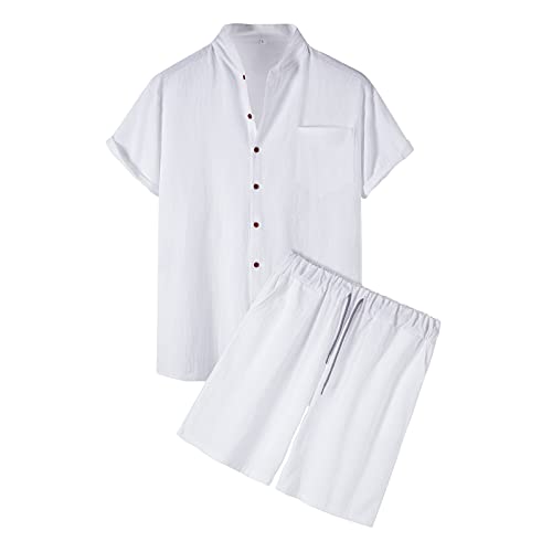 Men 2024 Summer Linen Beach Outfits Casual Stylish Solid Short Sets Short Sleeve Cuban Shirt Shorts 2 Piece Wedding Suit