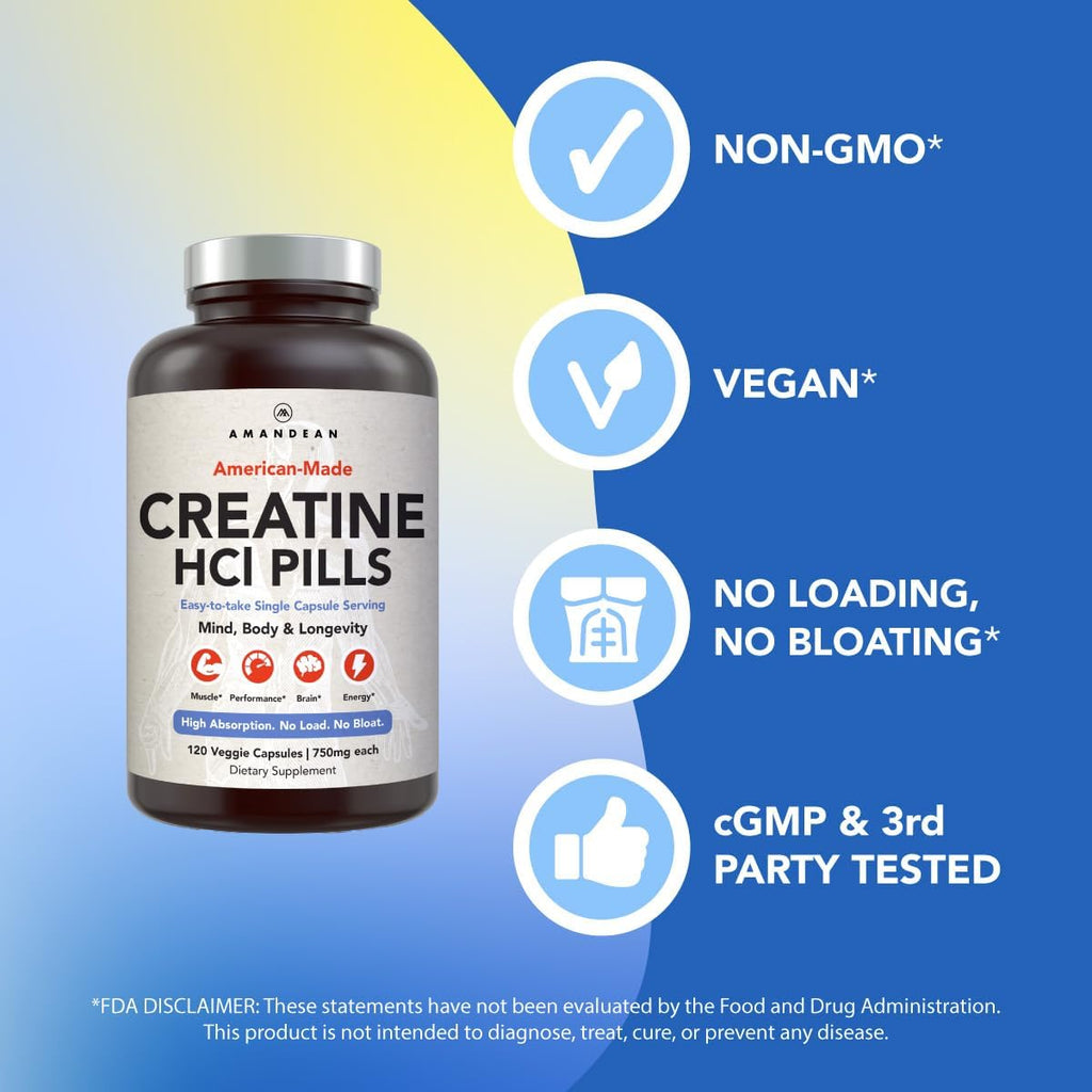 AMANDEAN Creatine HCl Pills. American Made CON-CRET. 120 Veggie Capsules. 7X Concentrated vs Monohydrate Powder. Supports Muscle Growth, Energy, Cognitive Function, Recovery. Gluten Free, Non-GMO.