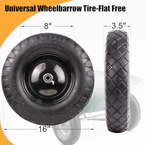 Wheelbarrow Tires 4.80/4.00-8 Flat Free-16"Universal Solid Wheels with 5/8" & 3/4" Bearings for Wheelbarrows/Hand Truck/Garden Trailers/Cart, Non-Slip Wheel Barrow Wheels and Tires Kit (2 Pack)