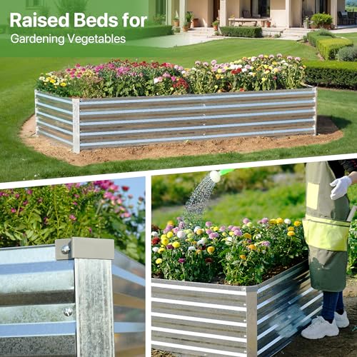 Raised Garden Bed 8x4x1.5FT Galvanized Raised Garden Beds Outdoor for Vegetables Gardening - Raised Flowers Bed 18inch Garden Bed Metal Deep Planter Raised Beds with Apron & Gloves-Galvanized