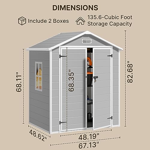 Gizoon 5x3 FT Resin Outdoor Storage Shed with Floor, Waterproof Lockable Storage Shed with Window, Plastic Outside Tool Storage Shed for Garden, Backyard, Patio, Lawn, Gray