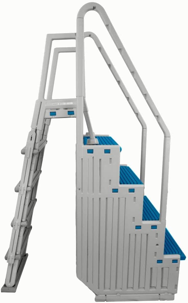 Confer Plastics Above Ground Swimming InPool Step & Ladder | Heavy Duty | White Frame with Blue & Gray Steps | Deck Height Up to 60 Inches | Enter & Exit Your Pool Safely