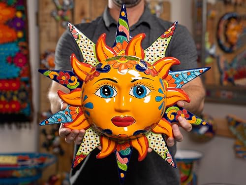 Mexican Talavera Pottery Wall Large Art Sun Face Handmade Decor Patio Porch Ceramic Art For Indoor Outdoor Home Garden Wall Sculpture Mexico Folk Art Astrology Star