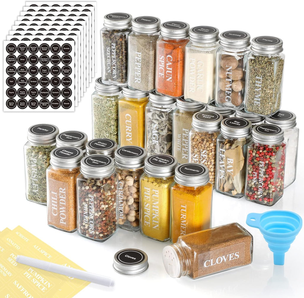 AOZITA 36 Pcs Glass Spice Jars with Spice Labels - 4oz Empty Square Spice Bottles - Shaker Lids and Airtight Metal Caps - Chalk Marker and Silicone Collapsible Funnel Included