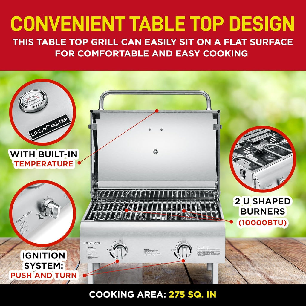 Portable Stainless Steel Gas Grill - 2 Burners Easy Clean Tabletop BBQ Propane Gas Grill with Foldable Legs and Wind Proof Lid for Camping and Outdoor - Silver