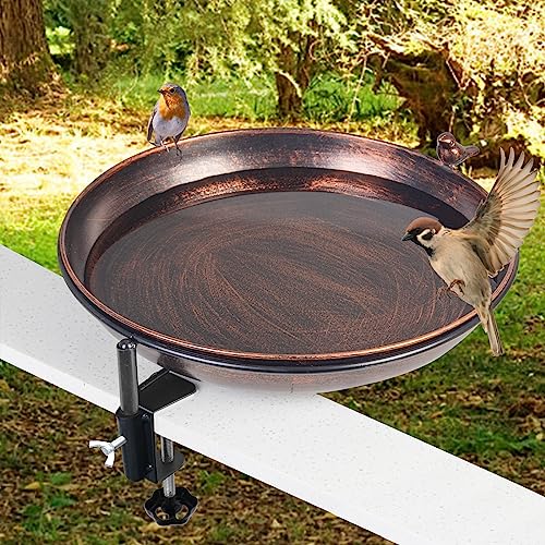 13 Inches Deck Bird Bath, Metal Bird Bath Bowl Unheated with Clamp Detachable, Bird Baths for Outdoors Railing Balcony Garden Decor