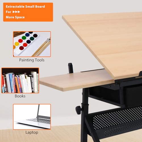 Drafting Table Art Desk, Height Adjustable Drawing Table Tilting Tabletop Work Station with Stool and Storage Drawer for Home, Office, Writing, Black