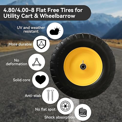 4.80/4.00-8" Tire and Wheel Assembly Set for Wheelbarrows, 5/8" or 3/4" Bore Wheelbarrow Tires for Utility Cart, Wheel Barrel, Wagon, Trailer, Dolly, 16" Solid Rubber Tires Without Flat Spots, 1 Pack