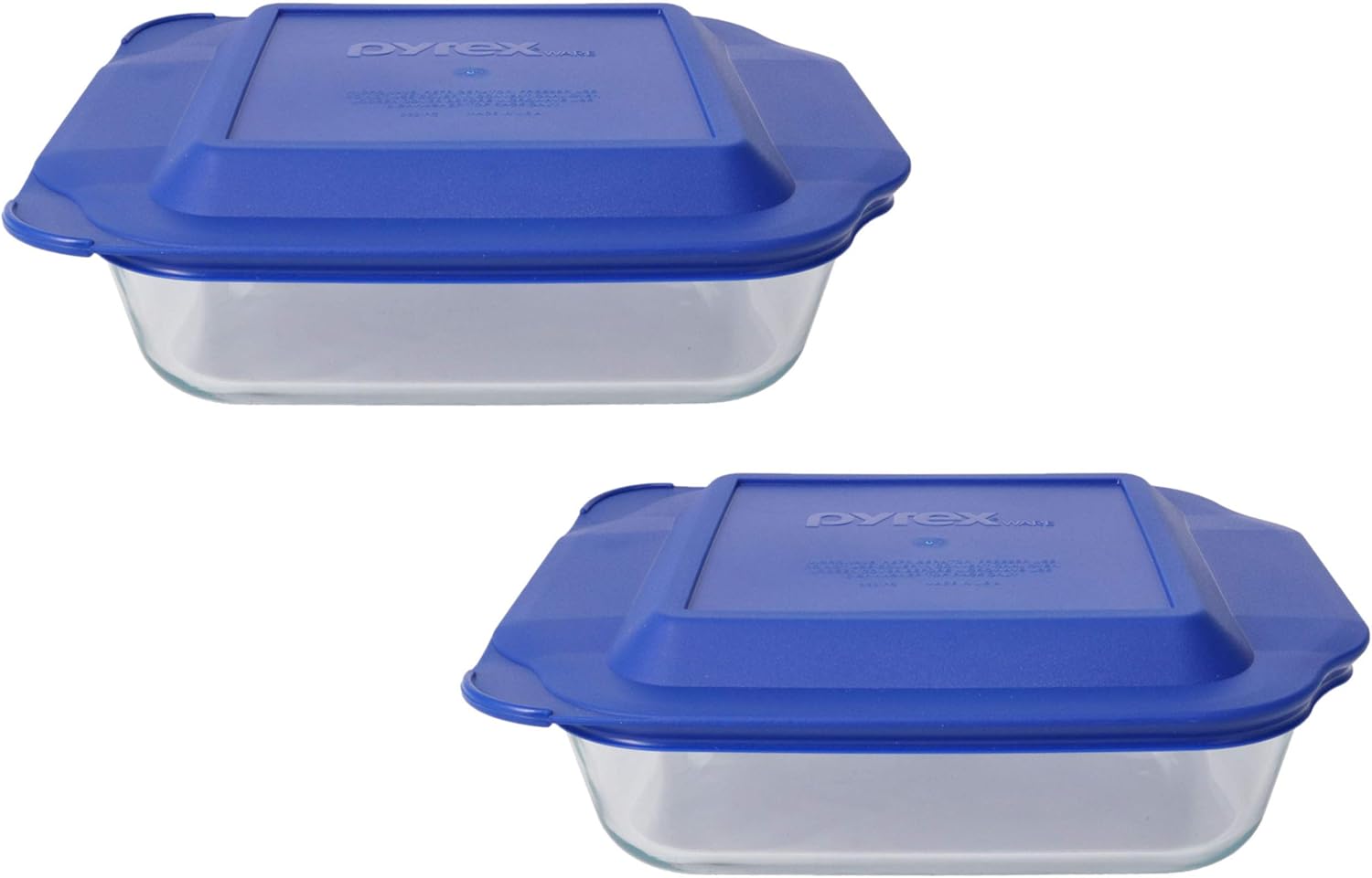 Pyrex (2) 222 Square Glass Baking Dishes & (2) 222-PC Blue Lids Made in the USA