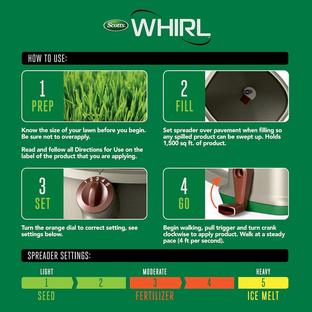 Scotts Whirl Hand-Powered Spreader for Seed, Fertilizer, Salt, Ice Melt, Handheld Spreader Holds up to 1,500 sq. ft. Product